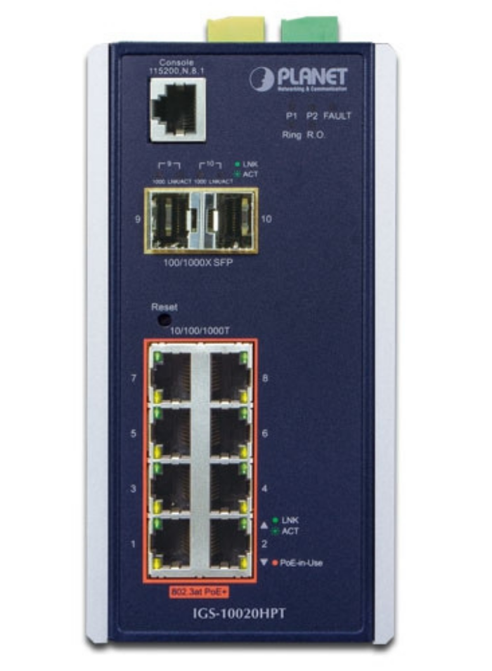 Planet Industrial 8-port 10/100/1000T 802.3at PoE + 2-port 1G/2.5G SFP Managed Switch | IGS-10020HPT Network Switch Planet