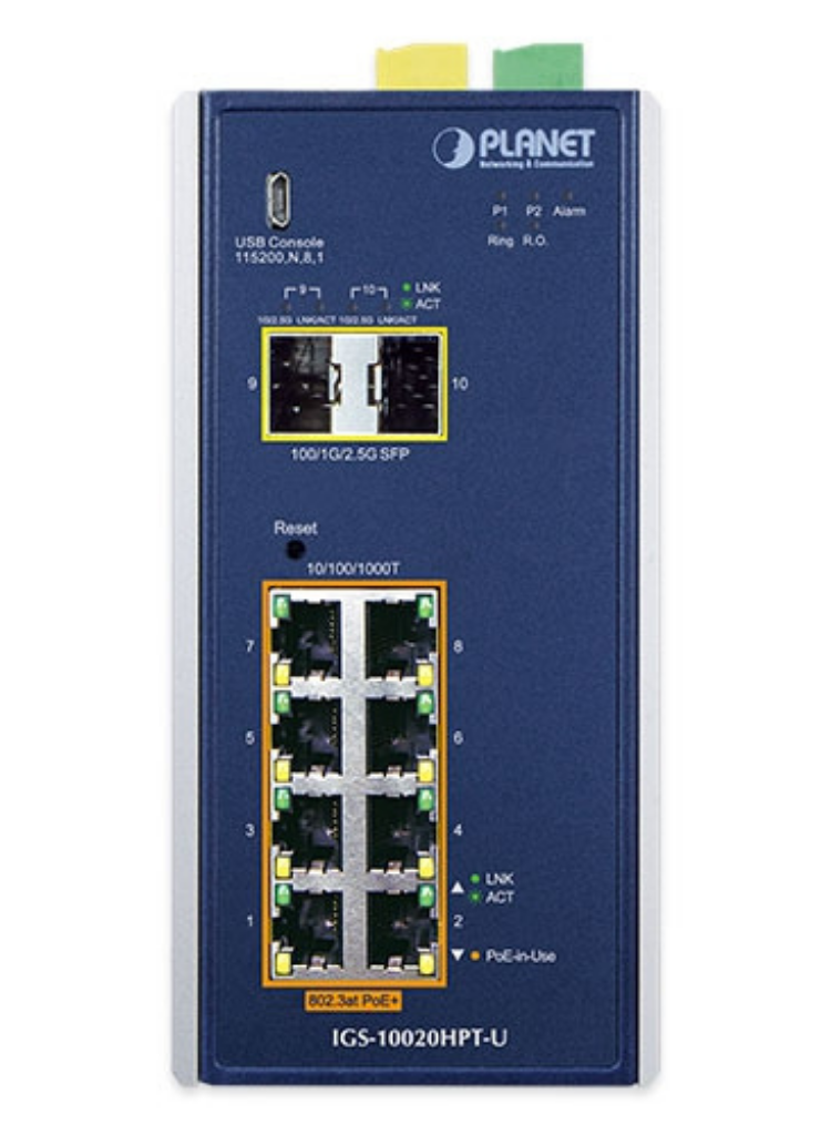 Planet Industrial 8-port 10/100/1000T 802.3at PoE + 2-port 1G/2.5G SFP Managed Switch | IGS-10020HPT Network Switch Planet
