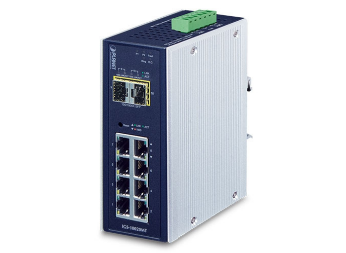 Planet Industrial 8-port 10/100/1000T + 2-port 1G/2.5G SFP Managed Gigabit Switch | IGS-10020MT Network Switch Planet