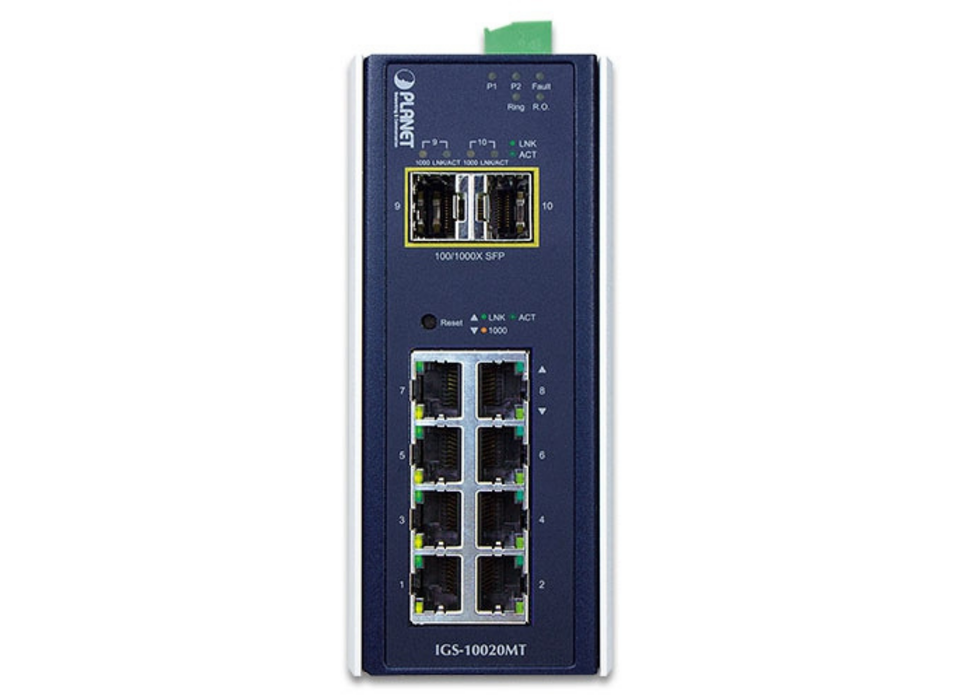 Planet Industrial 8-port 10/100/1000T + 2-port 1G/2.5G SFP Managed Gigabit Switch | IGS-10020MT