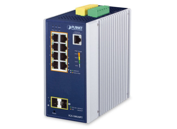 Planet Industrial 8-port 10/100/1000T 802.3at PoE + 2-port 1G/2.5G SFP Managed Switch | IGS-10020PT Network Switch Planet
