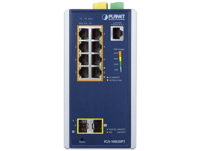 Planet Industrial 8-port 10/100/1000T 802.3at PoE + 2-port 1G/2.5G SFP Managed Switch | IGS-10020PT Network Switch Planet