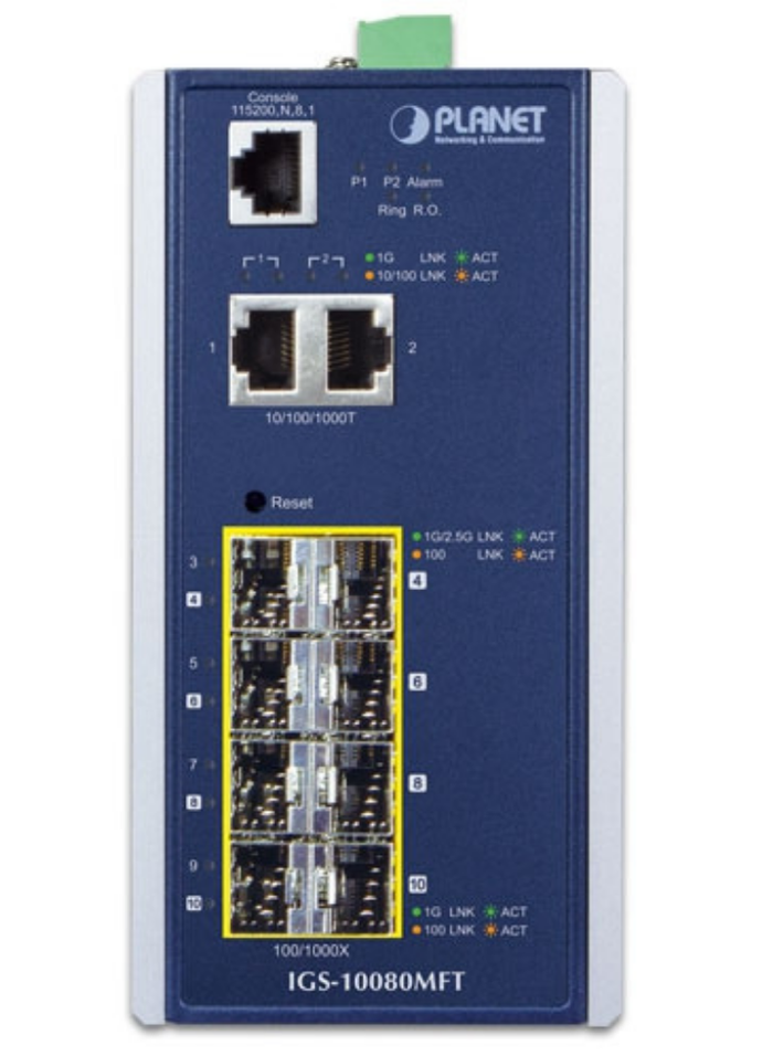 Planet Industrial 6-Port 100/1000X SFP + 2-Port 1G/2.5G SFP + 2-Port 10/100/1000T Managed Switch | IGS-10080MFT Network Switch Planet