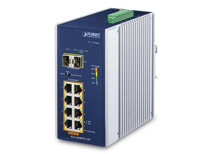 Planet Industrial 8-Port PoE+ Switch with 2×SFP & 12V Booster | IGS-1020PTF-12V Network Switch Planet