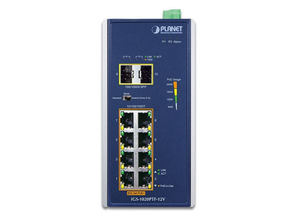 Planet Industrial 8-Port PoE+ Switch with 2×SFP & 12V Booster | IGS-1020PTF-12V Network Switch Planet