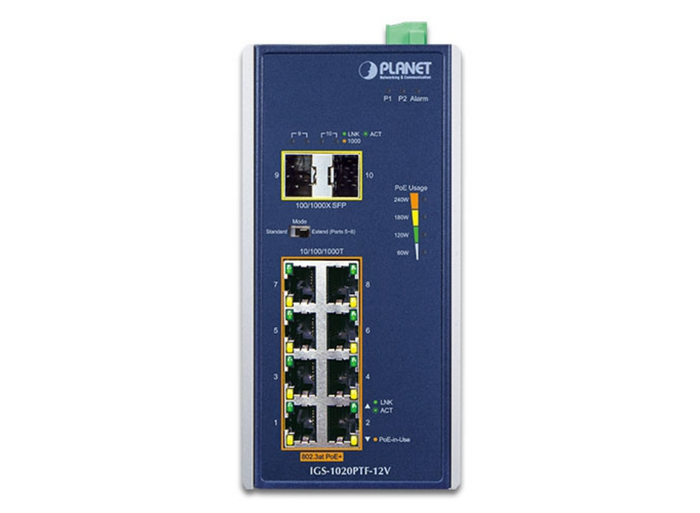 Planet Industrial 8-Port PoE+ Switch with 2×SFP & 12V Booster | IGS-1020PTF-12V Network Switch Planet