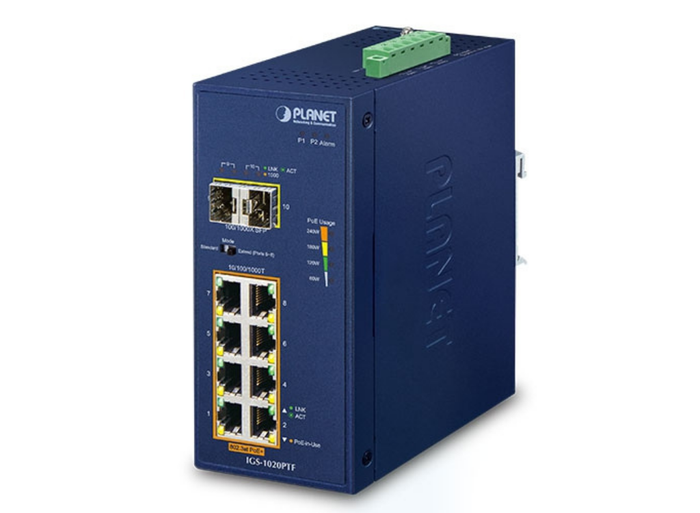 Planet Industrial 8-Port 10/100/1000T 802.3at PoE + 2-Port 100/1000X SFP Ethernet Switch | IGS-1020PTF Network Switch Planet