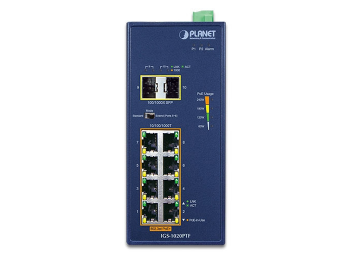 Planet Industrial 8-Port 10/100/1000T 802.3at PoE + 2-Port 100/1000X SFP Ethernet Switch | IGS-1020PTF Network Switch Planet
