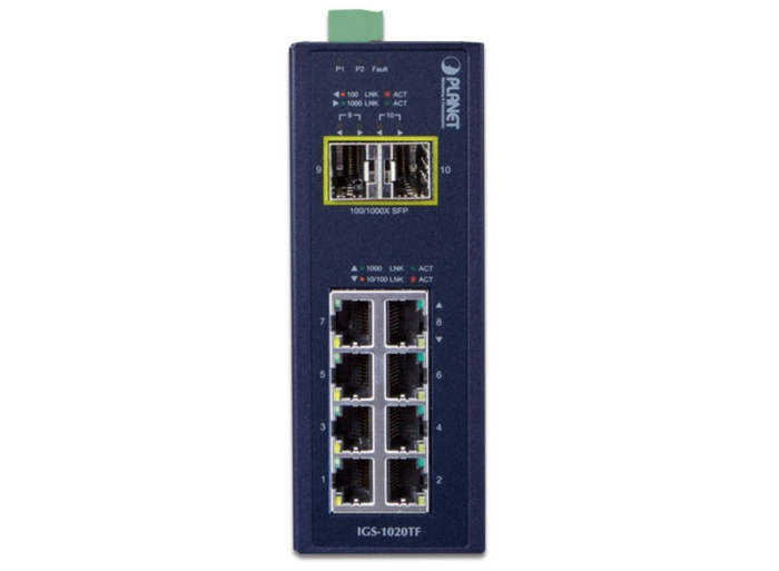 Planet Industrial 8-Port 100/1000T + 2 1000X SFP Ethernet Switch | IGS-1020TF Network Switch Planet