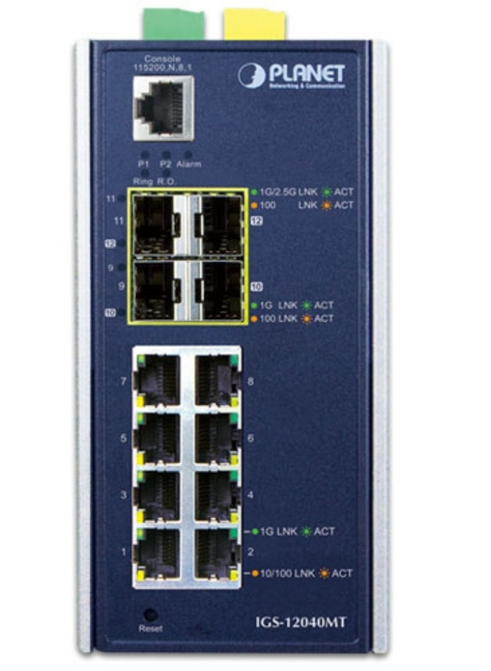 Planet Industrial L3 Managed Switch with 8xGigabit + 4xMulti-Speed SFP Uplinks | IGS-12040MT Network Switch Planet