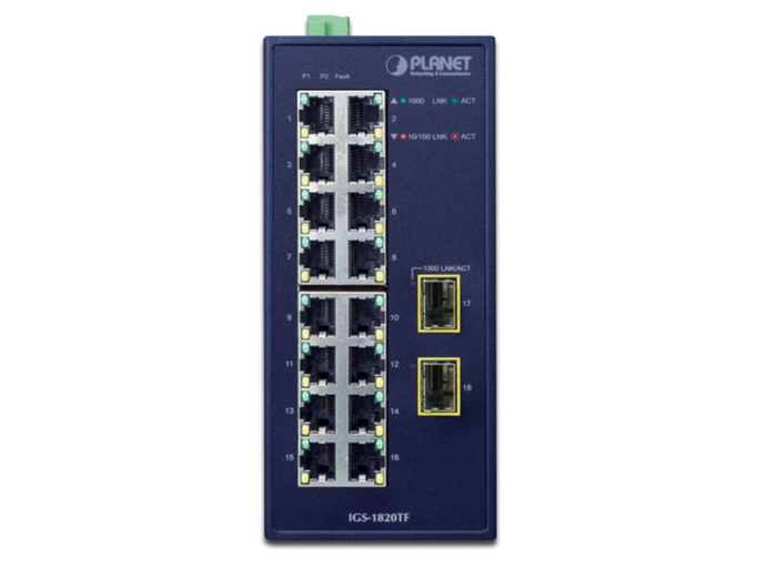 Planet Industrial 16-Port 10/100/1000T + 2-Port 1000X SFP Ethernet Switch | IGS-1820TF Network Switch Planet