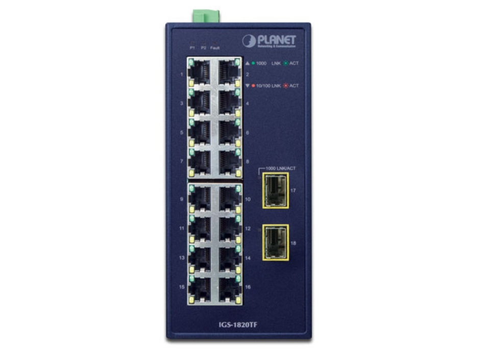 Planet Industrial 16-Port 10/100/1000T + 2-Port 1000X SFP Ethernet Switch | IGS-1820TF Planet Network Switches Planet