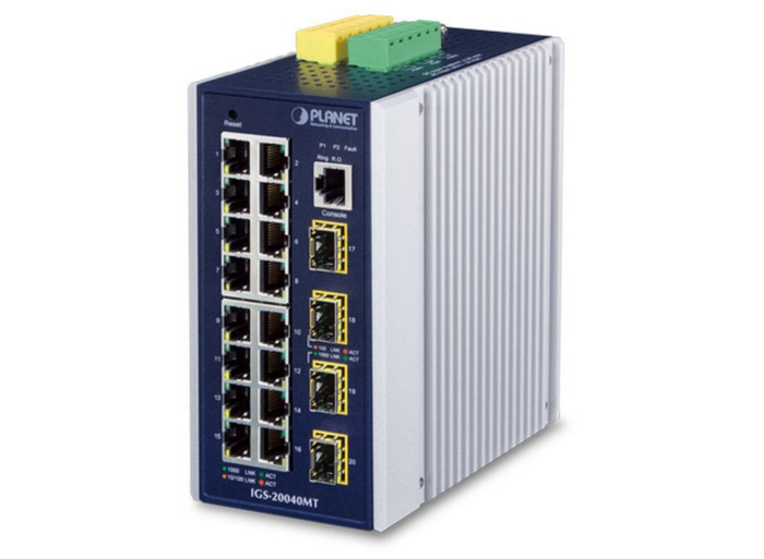 Planet Industrial L2+ 16-Port 10/100/1000T + 4-Port 100/1000X SFP Managed Switch | IGS-20040MT Network Switch Planet