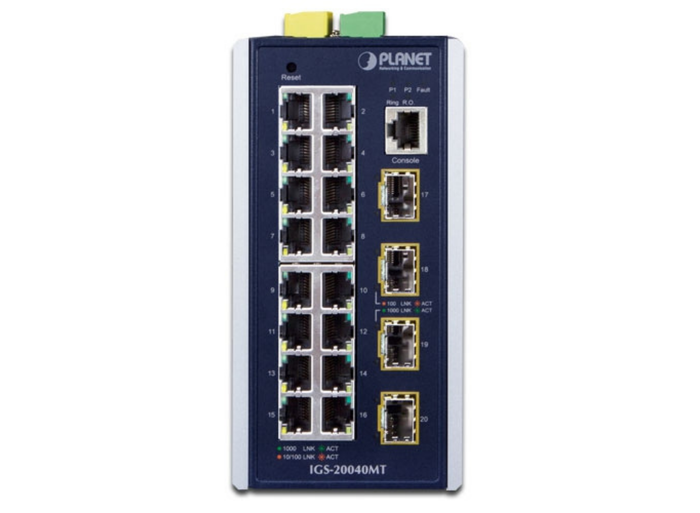 Planet Industrial L2+ 16-Port 10/100/1000T + 4-Port 100/1000X SFP Managed Switch | IGS-20040MT Network Switch Planet
