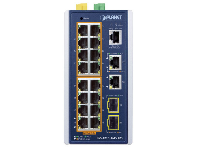 Planet Industrial PoE+ Switch 16xGigabit 320W 2xRJ45 2xSFP Hardened -40~75°C | IGS-4215-16P2T2S Network Switch Planet