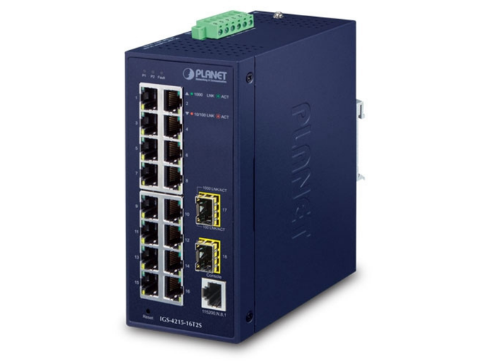 Planet Industrial L2/L4 16-Port 10/100/1000T + 2-Port 100/1000X SFP Managed Switch | IGS-4215-16T2S Network Switch Planet