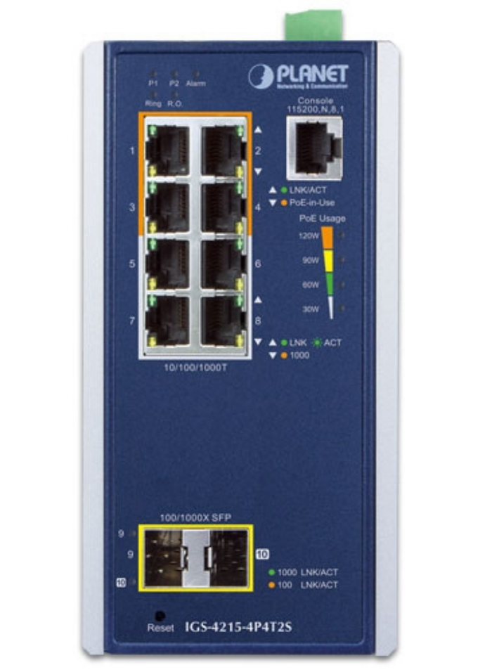 Planet Industrial 4-Port 10/100/1000T 802.3at PoE + 4-Port 10/100/1000T + 2-Port 100/1000X SFP Managed Switch | IGS-4215-4P4T2S Network Switch Planet