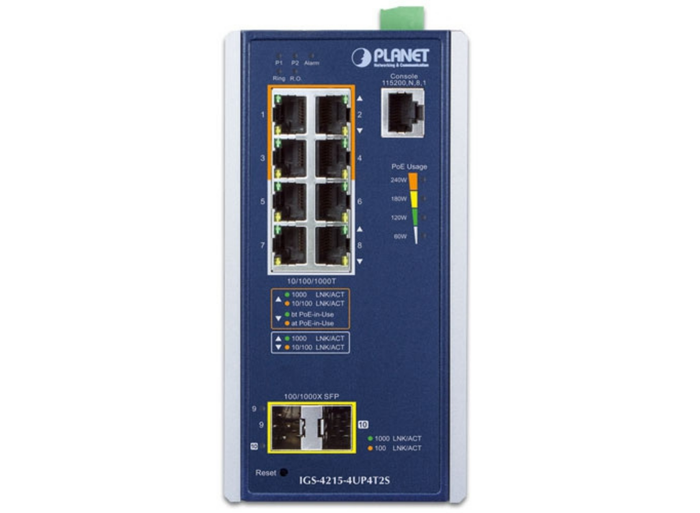 Planet Industrial 4-Port 10/100/1000T 802.3bt PoE + 4-Port 10/100/1000T + 2-Port 100/1000X SFP Managed Switch Network Switch Planet