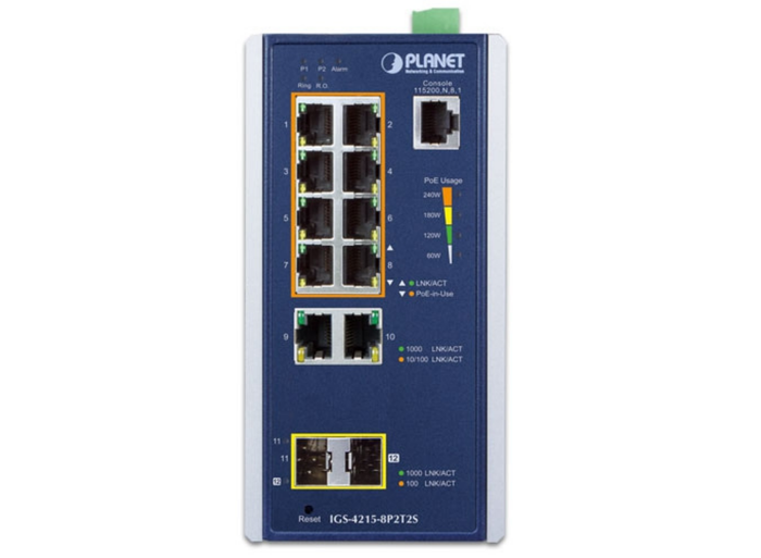 Planet Industrial 8-Port 10/100/1000T 802.3at PoE + 2-Port 10/100/1000T + 2-Port 100/1000X SFP Managed Switch Network Switch Planet