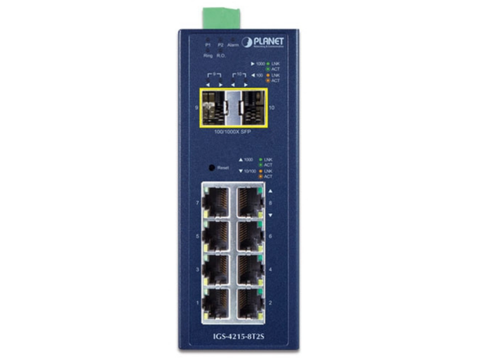 Planet Industrial L2/L4 8-Port 10/100/1000T + 2-Port 100/1000X SFP Managed Switch | IGS-4215-8T2S Network Switch Planet