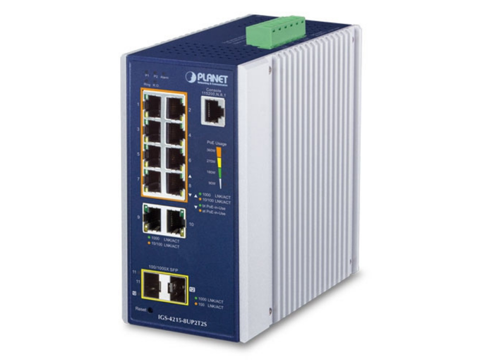 Planet Industrial 8-Port 10/100/1000T 802.3bt PoE + 2-Port 10/100/1000T + 2-Port 100/1000X SFP Managed Switch | IGS-4215-8UP2T2S Network Switch Planet