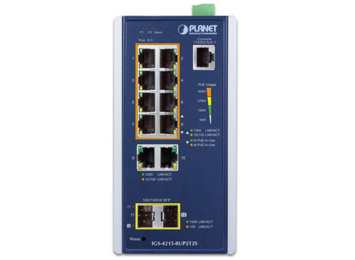Planet Industrial 8-Port 10/100/1000T 802.3bt PoE + 2-Port 10/100/1000T + 2-Port 100/1000X SFP Managed Switch | IGS-4215-8UP2T2S Network Switch Planet