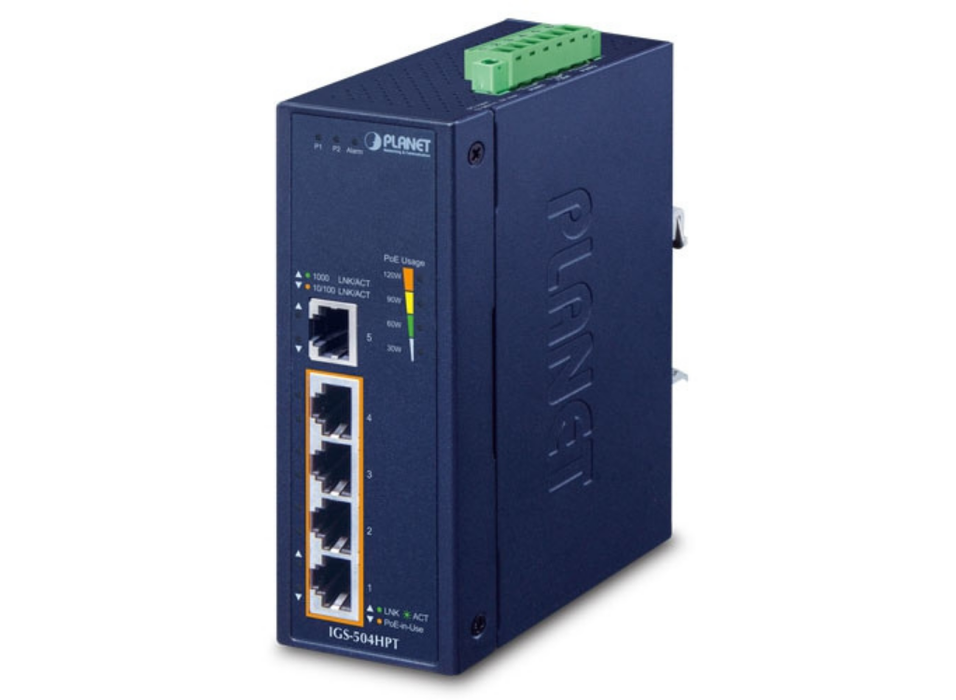 Planet Industrial 4-Port 10/100/1000T 802.3at PoE + 1-Port 10/100/1000T Gigabit Ethernet Switch | IGS-504HPT Planet Network Switches Planet