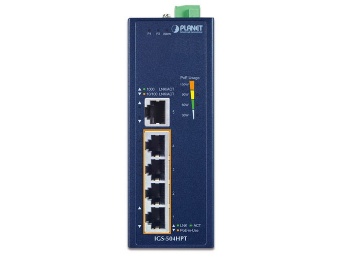 Planet Industrial 4-Port 10/100/1000T 802.3at PoE + 1-Port 10/100/1000T Gigabit Ethernet Switch | IGS-504HPT Network Switch Planet