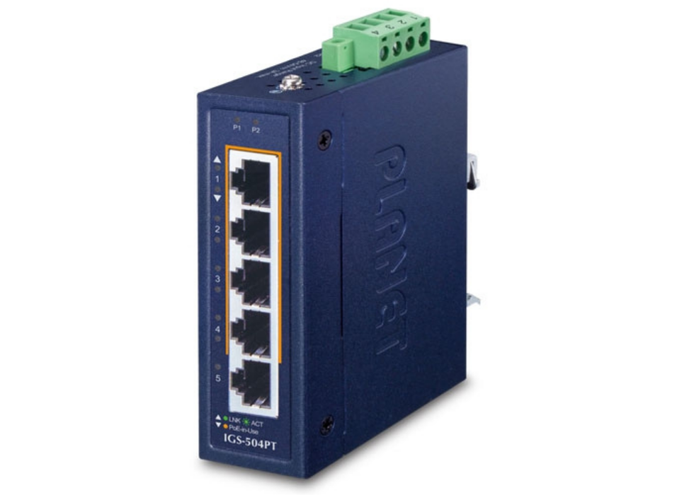 Planet Compact Industrial 4-Port 10/100/1000T 802.3at PoE + 1-Port 10/100/1000T Ethernet Switch | IGS-504PT Planet Network Switches Planet
