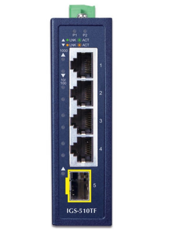 Planet Industrial Compact 4-Port 10/100/1000T + 1-Port 100/1000X SFP Gigabit Ethernet Switch | IGS-510TF Network Switch Planet