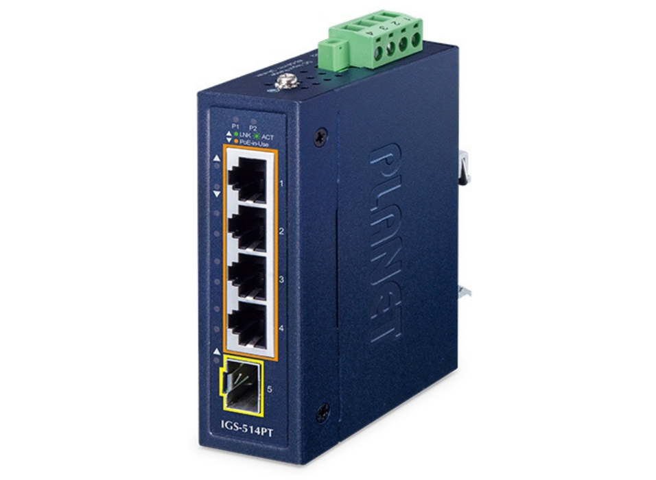 Planet Compact Industrial 4-Port 10/100/1000T 802.3at PoE + 1-Port 100/1000X SFP Ethernet Switch Planet Network Switches Planet
