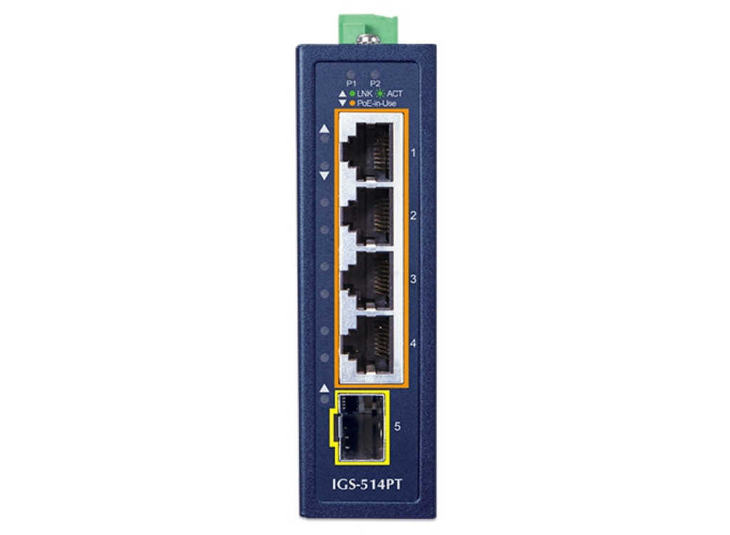 Planet Compact Industrial 4-Port 10/100/1000T 802.3at PoE + 1-Port 100/1000X SFP Ethernet Switch Network Switch Planet