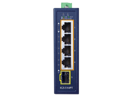 Planet Compact Industrial 4-Port 10/100/1000T 802.3at PoE + 1-Port 100/1000X SFP Ethernet Switch Planet Network Switches Planet