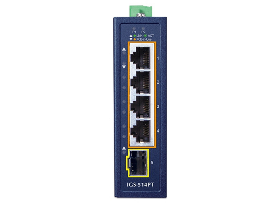 Planet Compact Industrial 4-Port 10/100/1000T 802.3at PoE + 1-Port 100/1000X SFP Ethernet Switch Planet Network Switches Planet