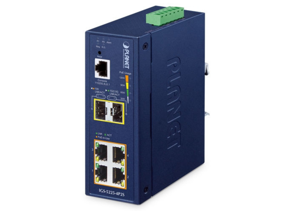 Planet Industrial 4-Port PoE+ L2+ Managed Switch with 2×Multi-Gig SFP | IGS-5225-4P2S Planet Network Switches Planet