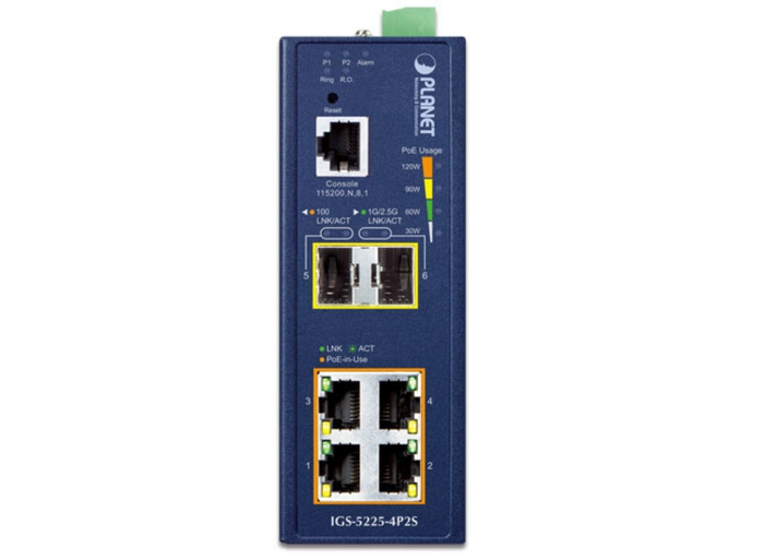 Planet Industrial 4-Port PoE+ L2+ Managed Switch with 2×Multi-Gig SFP | IGS-5225-4P2S Network Switch Planet
