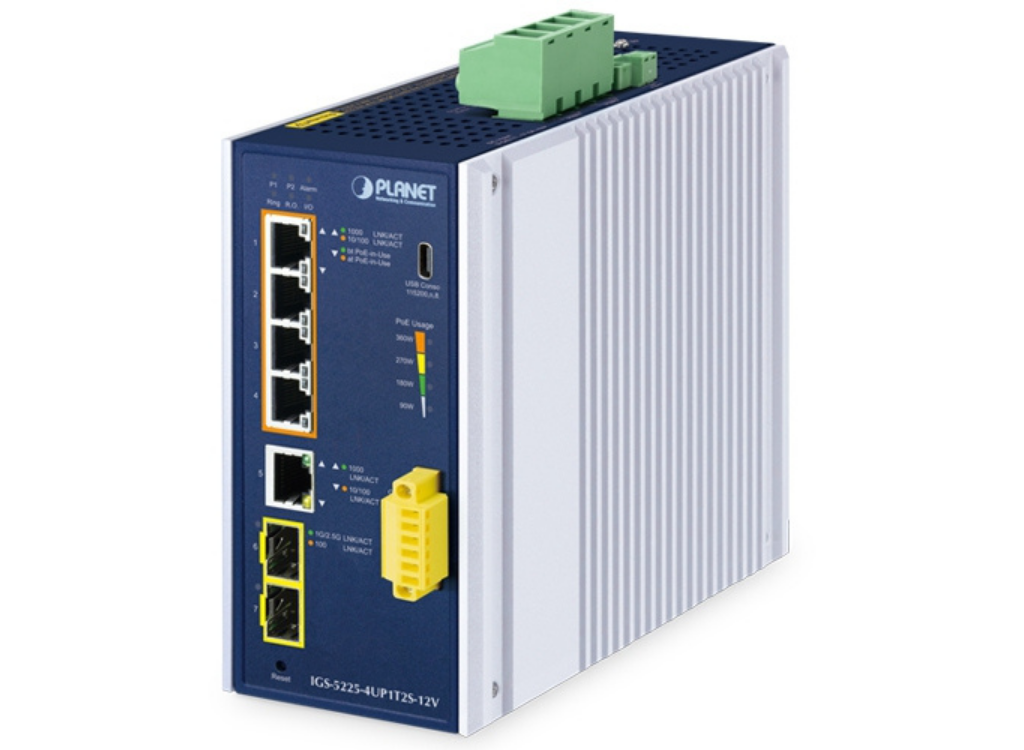 Planet Industrial 4-Port PoE++ L2+ Managed Switch with 2×2.5G SFP & 12V Booster | IGS-5225-4UP1T2S-12V Network Switch Planet