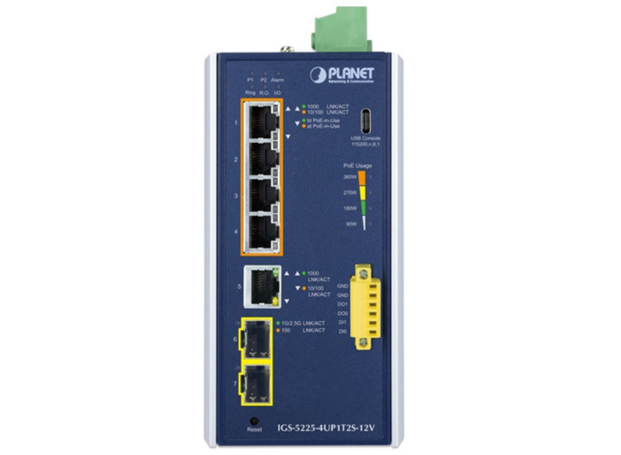 Planet Industrial 4-Port PoE++ L2+ Managed Switch with 2×2.5G SFP & 12V Booster | IGS-5225-4UP1T2S-12V Network Switch Planet