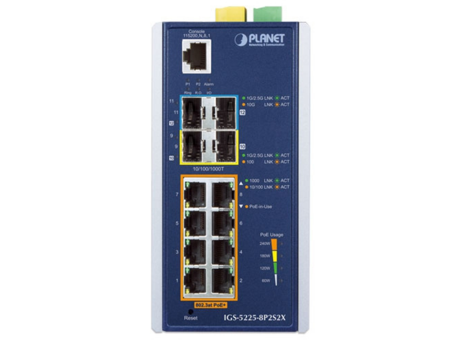 Planet 8-Port Gigabit PoE+ Industrial L3 Switch with 2×SFP & 2×10G SFP+ Uplinks | IGS-5225-8P2S2X Network Switches Planet