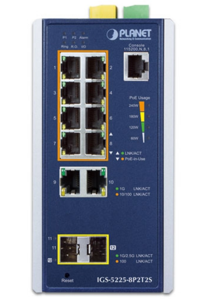Planet IGS-5225-8P2T2S Industrial Managed Switch 8xPoE+ 2xRJ45 2x2.5G SFP Network Switch Planet