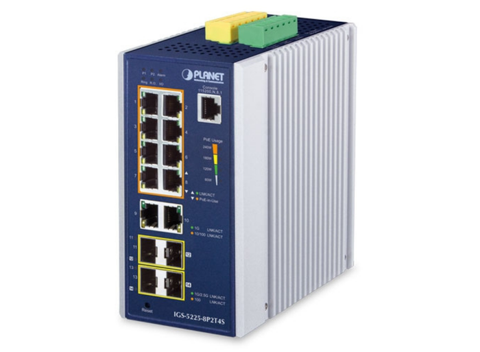 Planet Industrial 8-Port PoE+ L2+ Managed Switch with 4×SFP Uplink | IGS-5225-8P2T4S Network Switch Planet