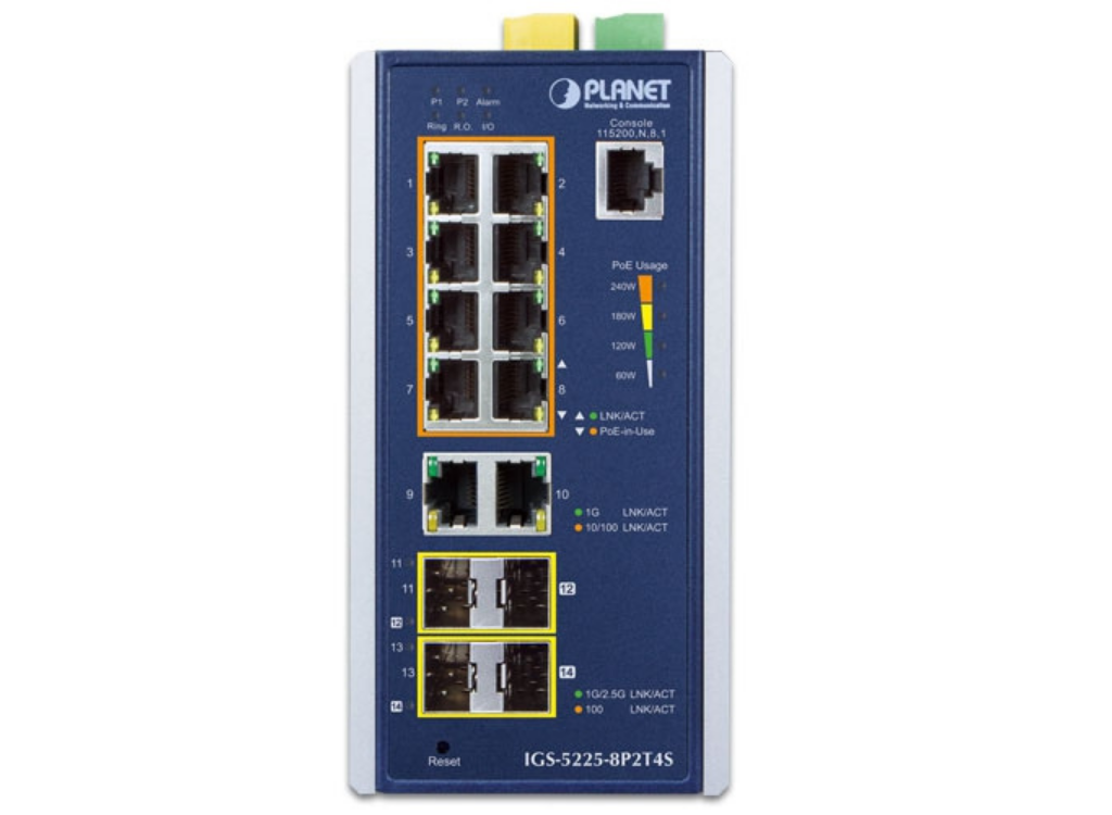 Planet Industrial 8-Port PoE+ L2+ Managed Switch with 4×SFP Uplink | IGS-5225-8P2T4S Network Switch Planet