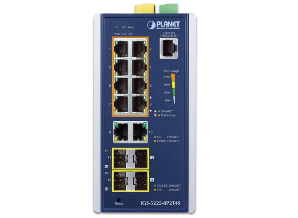 Planet Industrial 8-Port PoE+ L2+ Managed Switch with 4×SFP Uplink | IGS-5225-8P2T4S Planet Network Switches Planet