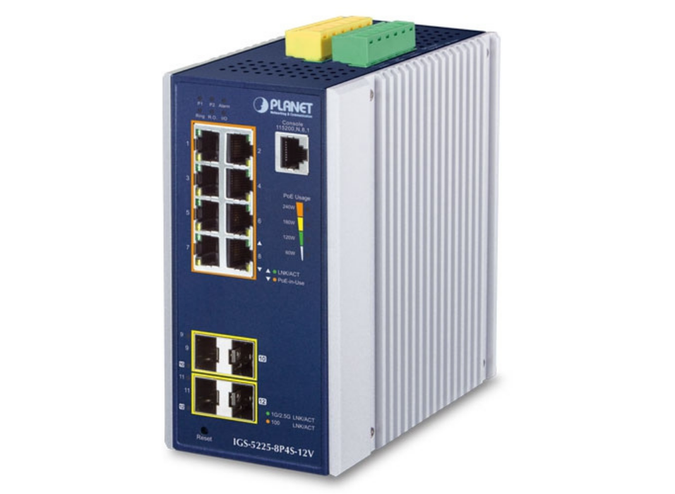 Planet Industrial L2+ 8-Port 10/100/1000T 802.3at PoE + 2-Port 100/1G SFP + 2-Port 100/1G/2.5G SFP Managed Ethernet Switch w/ 12V Booster | IGS-5225-8P4S-12V Planet Network Switches Planet