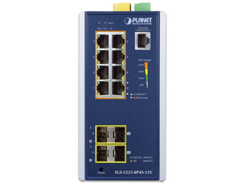 Planet Industrial L2+ 8-Port 10/100/1000T 802.3at PoE + 2-Port 100/1G SFP + 2-Port 100/1G/2.5G SFP Managed Ethernet Switch w/ 12V Booster | IGS-5225-8P4S-12V Planet Network Switches Planet