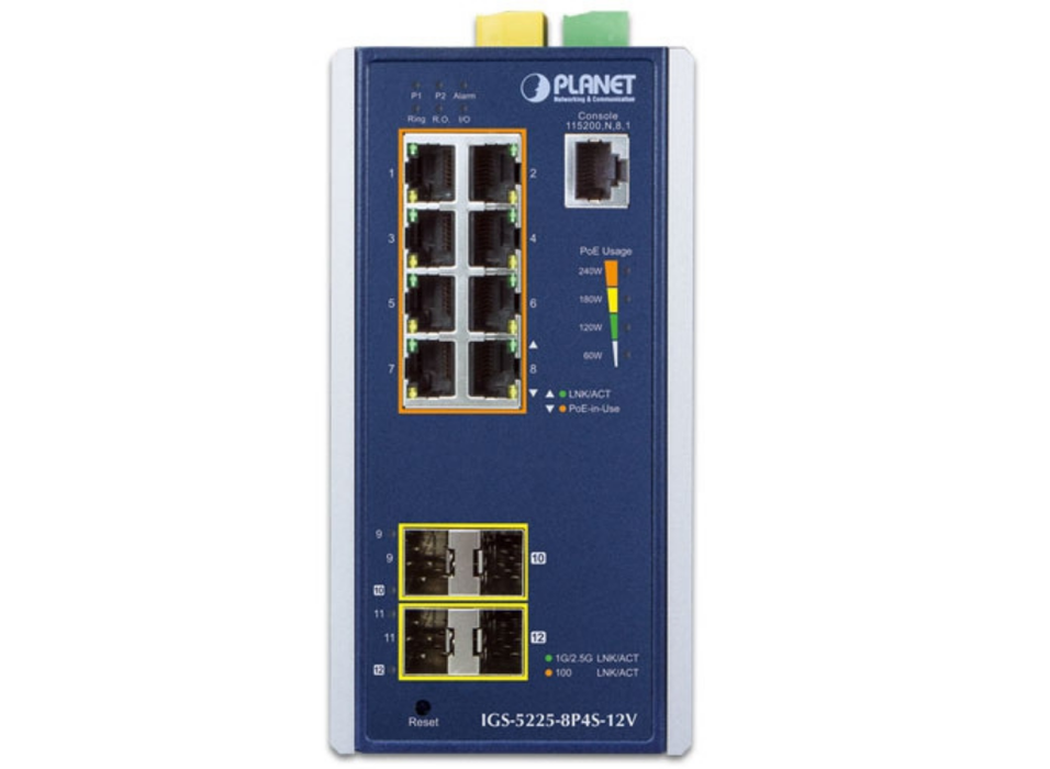 Planet Industrial L2+ 8-Port 10/100/1000T 802.3at PoE + 2-Port 100/1G SFP + 2-Port 100/1G/2.5G SFP Managed Ethernet Switch w/ 12V Booster | IGS-5225-8P4S-12V Planet Network Switches Planet