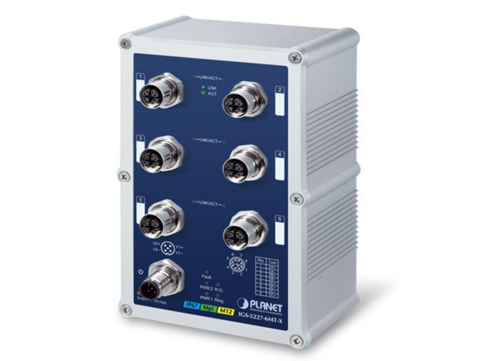 Planet Industrial IP67-rated 6-Port 10/100/1000T M12 Managed Ethernet Switch (X-coded M12) | IGS-5227-6MT-X Network Switch Planet