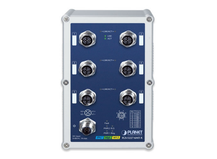 Planet Industrial IP67-rated 6-Port 10/100/1000T M12 Managed Ethernet Switch (X-coded M12) | IGS-5227-6MT-X Network Switch Planet