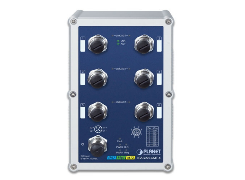 Planet Industrial IP67-rated 6-Port 10/100/1000T M12 Managed Ethernet Switch (X-coded M12) | IGS-5227-6MT-X Network Switch Planet
