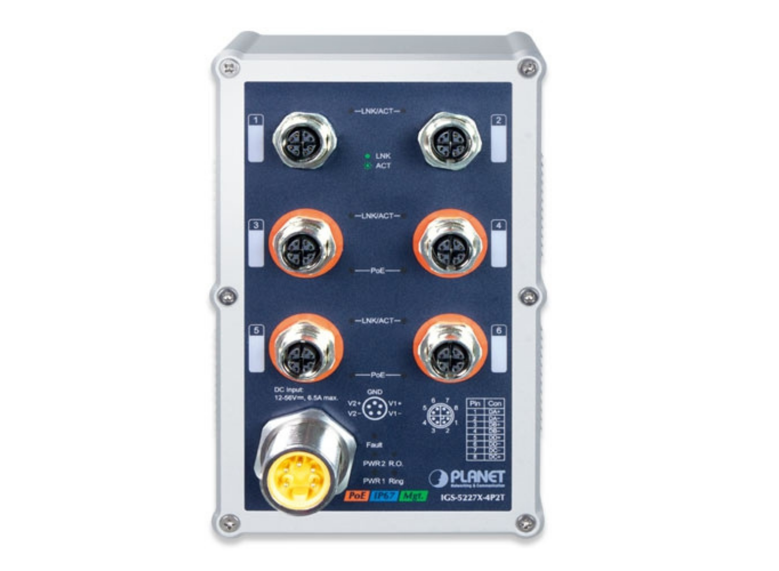 Planet Industrial IP67-rated 4-Port 10/100/1000T 802.3at PoE+ 2-Port 10/100/1000T Managed Ethernet Switch | IGS-5227X-4P2T Network Switch Planet